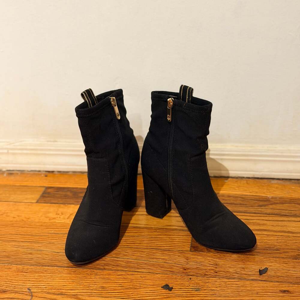 Tommy Hifiger Black Faux Suede Pointed Toe Block Heel Sock Booties
